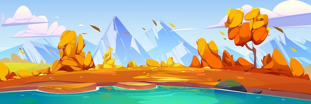 Free vector mountain autumn valley scene with lake