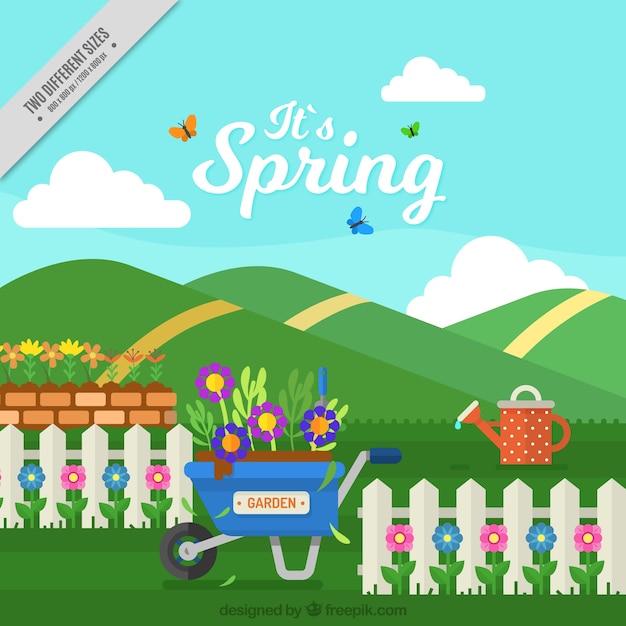 Free vector mountain background with wheelbarrow and flowers