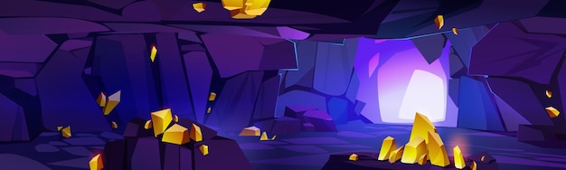 Free vector mountain cave interior with gold deposits