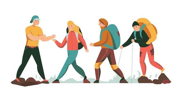 Mountain climbing trekking hiking flat composition with group\
of walking hikers vector illustration