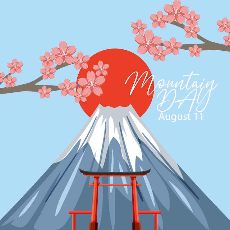 Free Vector mountain day banner on august 11 with mount fuji and red sun