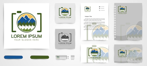 Mountain, fir, lens camera, Outdoor photography logo and business card branding template Designs Inspiration Isolated on White Background