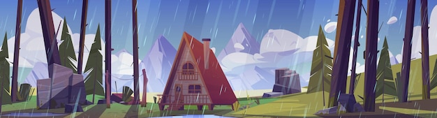Free vector mountain forest with cozy house in rainy weather