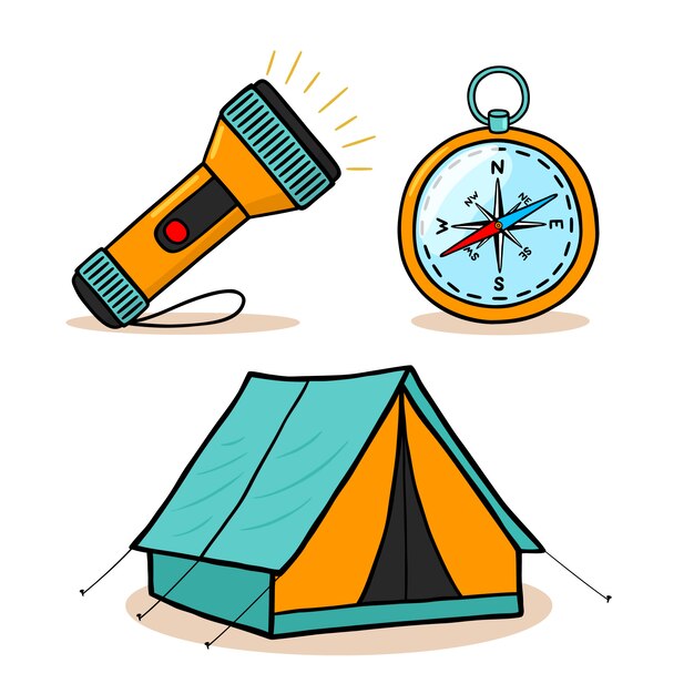 Mountain hiking equipment icons set