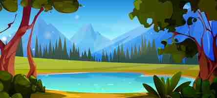 Free vector mountain lake in forest nature landscape vector background summer tree scenery with green grass valley and blue sky on alps panorama beautiful adventure outdoor altai vacation drawing concept