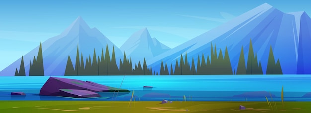 Free vector mountain lake landscape vector cartoon illustration of evergreen fir trees on river bank rocky peaks on horizon blue sky beautiful scenery for travel adventure game background spring wallpaper
