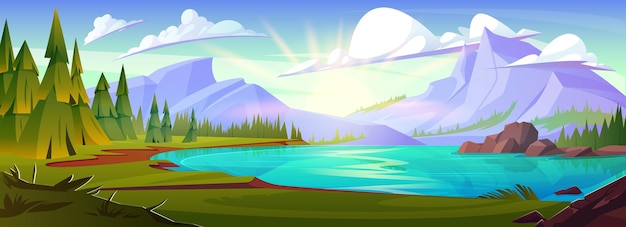 Free vector mountain lake near forest nature vector background pine tree river water and beautiful valley daytime panorama illustration for game environment graphic outdoor travel scene with green grass