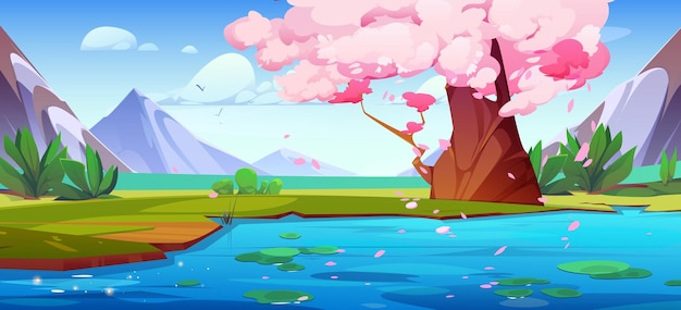 Free vector mountain lake with old sakura tree on bank vector cartoon illustration of asian natural background pink cherry blossom petals flying in air above blue river water spring japanese park birds in sky