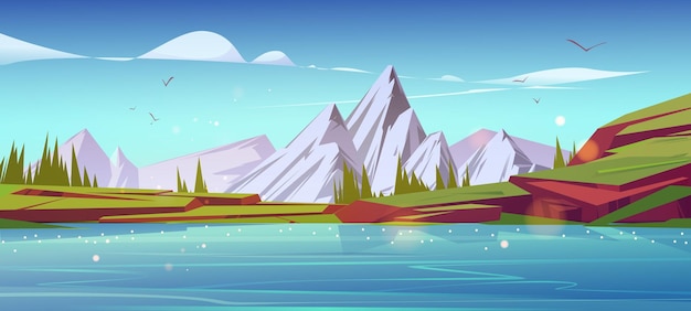 Free vector mountain landscape nature background with pond