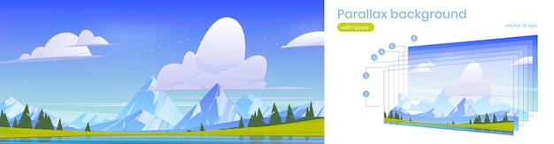 Vettore gratuito paesaggio di montagna, sfondo natura 2d di parallasse. picchi rocciosi, stagno, campo verde e abeti rossi sotto il cielo nuvoloso blu. vista del paesaggio del fumetto con strati separati per la scena del gioco, illustrazione vettoriale