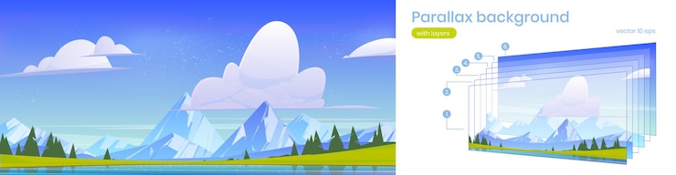 Free Vector mountain landscape, parallax nature 2d background. rocky peaks, pond, green field and spruces under blue cloudy sky. cartoon scenery view with separated layers for game scene, vector illustration