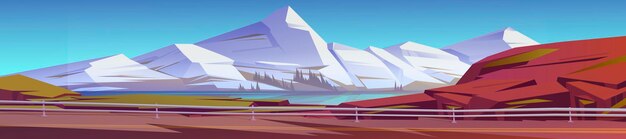 Free vector mountain landscape with car road on lake shore