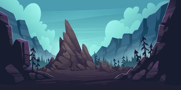 Бесплатное векторное изображение Горный пейзаж с лесом и одинокой скалой.