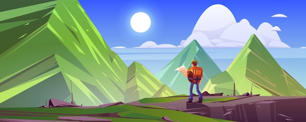 Paesaggio di montagna con uomo escursionista con zaino e mappa fumetto illustrazione vettoriale di rocce e alta...