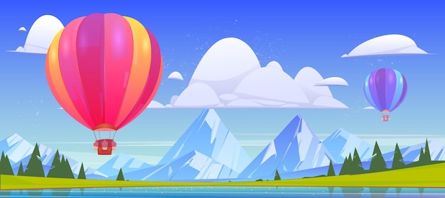 Mountain landscape with lake and hot air balloons