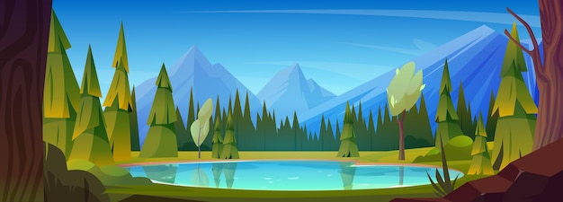 無料ベクター 森の澄んだ水の池に湖のある山の風景 緑の木々と銀行と青空のモミ 岩の多い丘、ラグーン、森のある夏のパノラマシーンの漫画ベクトルイラスト