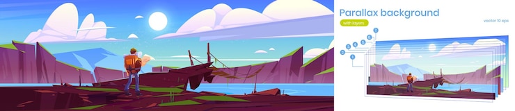 Free Vector mountain landscape with man hiker and wooden suspension bridge over river. vector parallax background for 2d animation with cartoon illustration of rope bridge over water stream and tourist