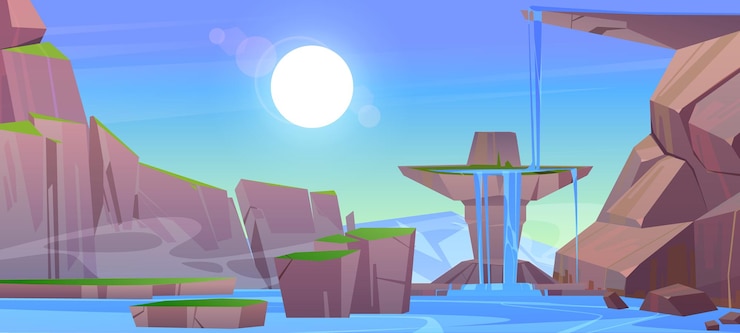 Free Vector mountain landscape with waterfall rocks