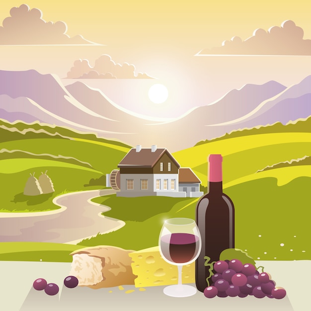 Paesaggio di montagna con vino e formaggio