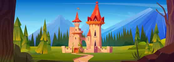 無料ベクター 山の中世の城 ⁇ 漫画ベクトル風景 童話の宮殿の背景イラスト ファンタジー王への道 森の草原にある要塞 古代の城の建物の建築と旗
