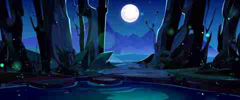 Free vector mountain night valley scene with lake under moon