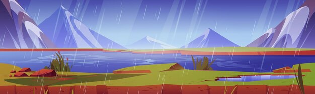 Горный дождливый пейзаж с рекой или озером. векторная мультяшная иллюстрация воды, текущей возле величественных скалистых вершин с зеленой долиной ледника с цветущими кустами, баннером плохой погоды