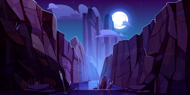 Free vector mountain river in canyon at night