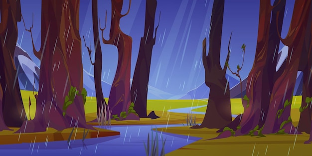 Free vector mountain river flowing in forest vector cartoon illustration of rainy spring weather green summer landscape with wet trees stormy blue sky stream or brook in valley beautiful nature