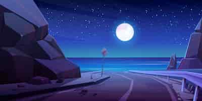 Free vector mountain road with night seaview, empty highway