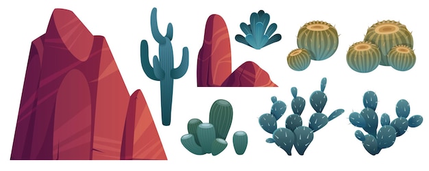 Rocce e cactus della montagna, pietre con le piante piccate del deserto verde. elementi naturali, flora della natura del selvaggio west per la formazione di giochi per pc isolati su sfondo bianco. fumetto illustrazione vettoriale, set di icone