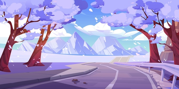 Free vector mountain valley snowy landscape with highway road