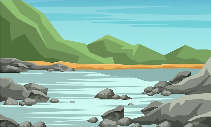 Free Vector mountain valley wilderness area nature picturesque landscape river rocks and green hills tranquil and peaceful scenery wild nature pond lake view