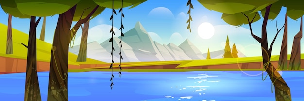 Free vector mountain valley with lake and forest