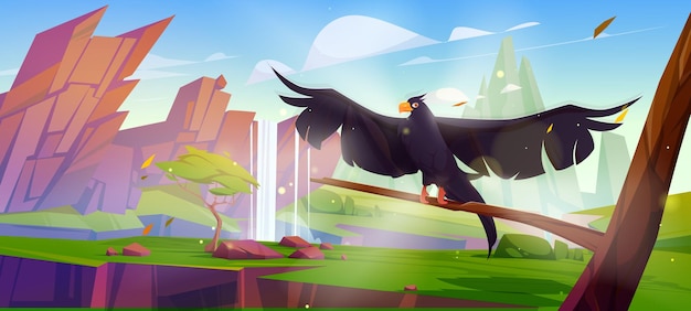 Free vector mountain valley with waterfall and raven