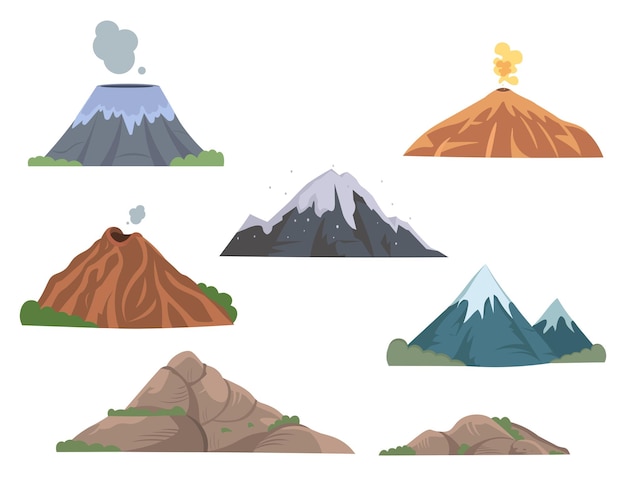 Набор плоских иллюстраций гор и вершин вулканов