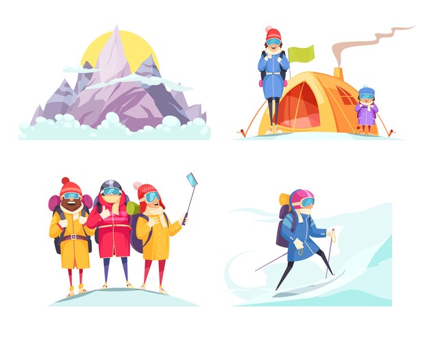 Mountaineering cartoon 4 designs concept square with alpine mountain climbers tent selfie on top isolated