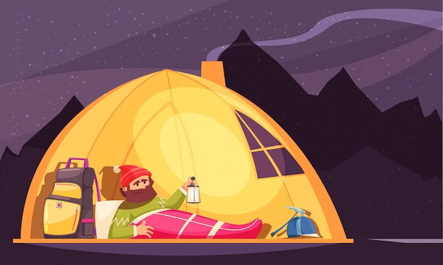 Mountaineering cartoon with alpinist in sleeping bag holding lantern in tent at night