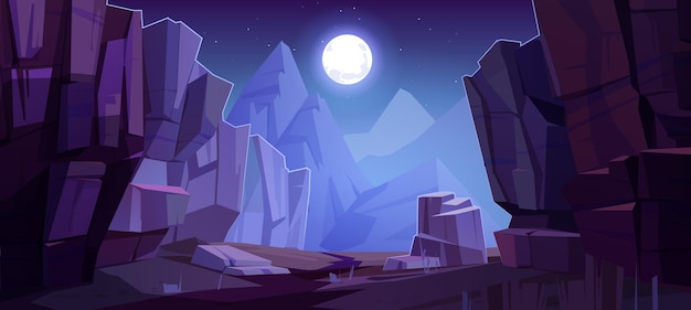 Вид на расщелины гор снизу, ночной пейзаж с высокими скалами и полная луна со звездами, светящимися над вершинами