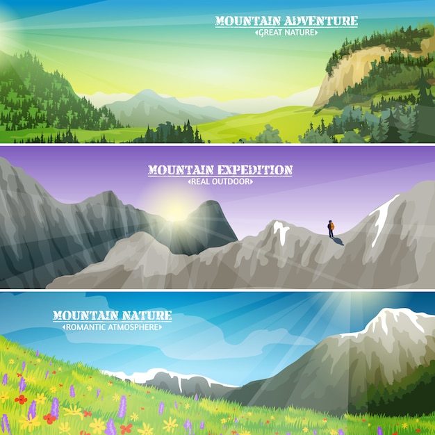 Free vector mountains landscape flat horizontal banners set