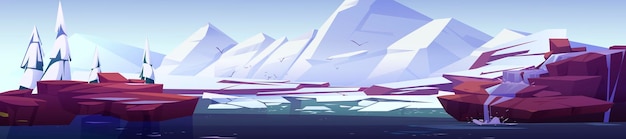 Горы, тающие снег и лед, плавающие в реке