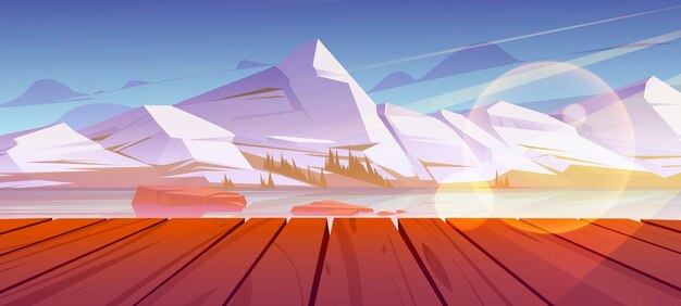 Mountains pond or lake nature landscape, scenery view from wooden pier. Tranquil background white snowy rock peaks and calm clear water under blue sky natural 2d scene, Cartoon vector illustration