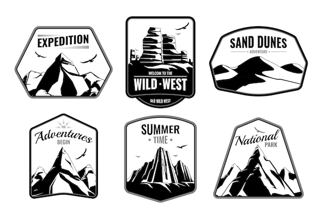 Free vector mountains rocks emblems monochrome flat collection with isolated frame shapes editable text and dark silhouette images