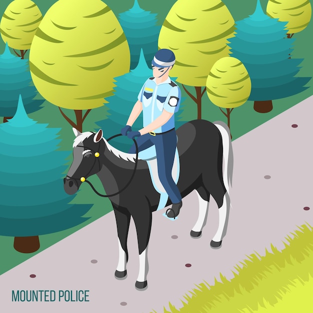 Polizia montata isometrica con il poliziotto che pattuglia il parco cittadino a cavallo illustrazione