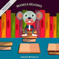 Free vector mouse background sitting on a pile of books in mouse background sitting on a pile of books in flat design