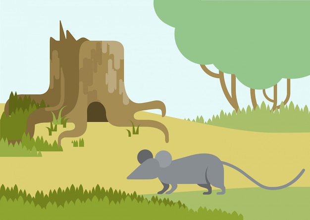 Free vector mouse and burrow hole in the stump flat cartoon