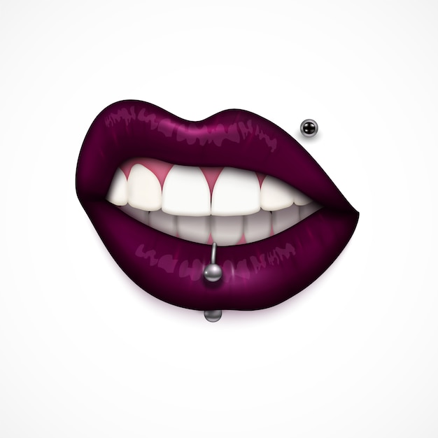 Mouth expression with dark gloss sensual lipstick color makeup and lip piercing realistic closeup image