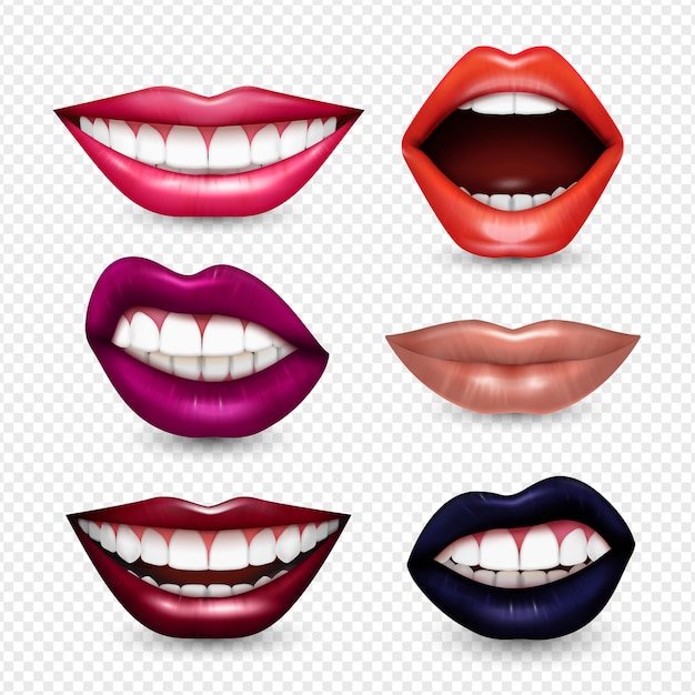 Free vector mouth expressions lips body language  realistic set with bright drawing attention lipstick colors transparent