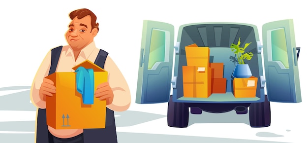 Free vector move to new house, relocation. man loading boxes in car trunk, delivery service, shipping company porter at open van with household stuff, truck with cardboard containers, cartoon vector illustration