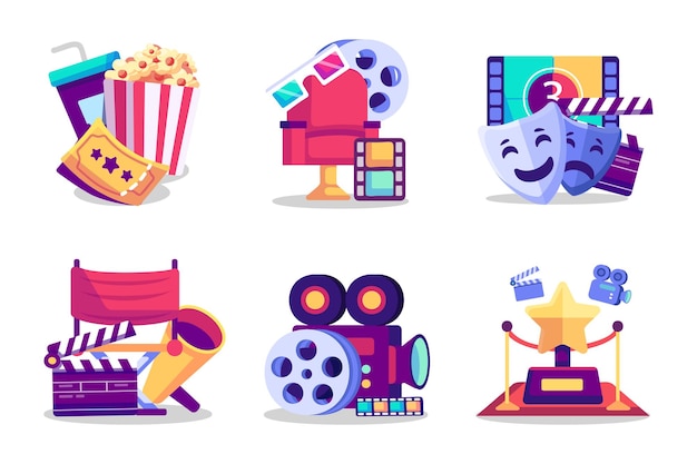 Free vector movie and cinema items collection set of cartoon icons and symbols on cinema production theme vector illustration