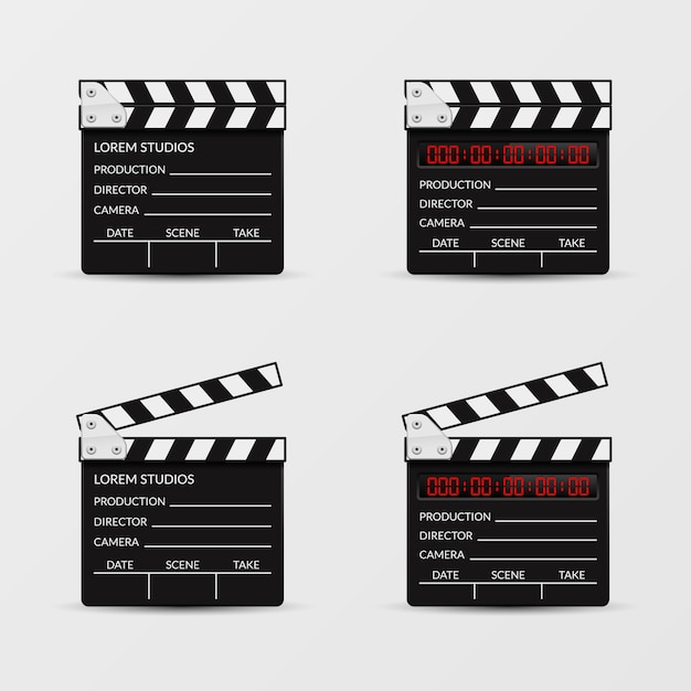 영화 clapperboard 벡터 집합입니다. 클래퍼 보드 필름, 비디오 클랩 보드, 클래퍼 보드, 영화 촬영 일러스트레이션